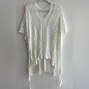 Amazon White Crochet Beach Coverup Dress with Tassel Sides, Size Large